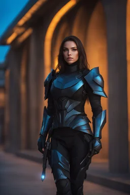 A full photo of a girl in modern black armor, , fantasy art, concept art, futuristic, 8k high resolution, extremely detailed armor, , blue hour