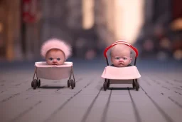  baby Who looks like donald trump in a Baby carriage wearing a bonnet on the sidewalk in new york city