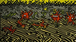 Gray demonic dunes with spikes at night painted by Keith Haring