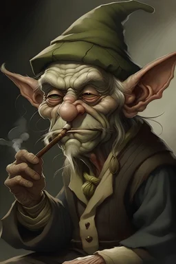 candid shot of a goblin man with a flat wool cap and a well polished quarterstaff smoking a pipe