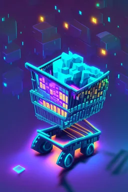 voxel shopping cart in game asset house anime cyberpunk style starry background