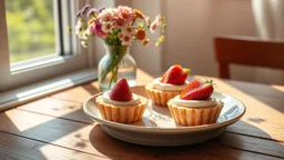 close up three delicates tart cakes filled citrone creme top strawberry, on a nice ceramic plate on a wooden table. professional food photo, Natural, warm sunlight streams in from a window on the left, casting pleasant shadows and creating a cozy, vase with meadow flowers, relaxed morning atmosphere