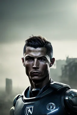 portrait, cristiano ronaldo robot, post-apocalyptic in a cyberpunk city, realistic, intriacte detail, sci-fi fantasy style, volumetric lighting, particales,highly detailed,cinamatic, deep