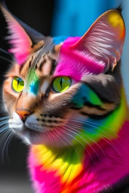 a rainbow coloured cat with a pink nose