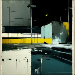 Minimal contemporary abstract oil paintings of desolate 1960s carpark with road markings and concrete fragments. Overlay with grungy typography graphics. style of Justin Mortimer and Francis Bacon.