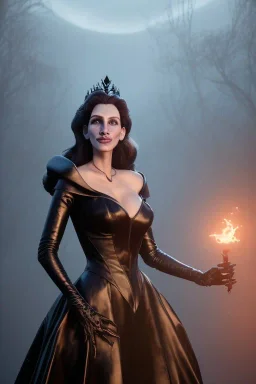 Julia Roberts as evil queen in black leather gown, evil, busty, cleavage, curvy, angry, stern look. character design by cory loftis, fenghua zhong, ryohei hase, ismail inceoglu and ruan jia. unreal engine 5, artistic lighting, highly detailed, photorealistic, fantasy