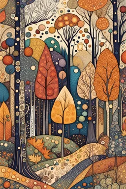 random color Zentangle patterns in the styles of Gustav Klimt ,Wassily Kandinsky, Paul Klee, and Kay Nielsen that depicts a a remote autumn forest glade, with fine ink outlining