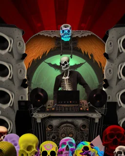 DJ of the damnded, insanely detailed DJ booth in hell, MID set, speakers and equipment made of bone, anatomically correct,