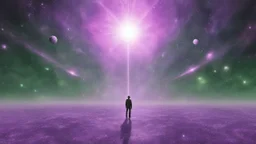 matrix universe, space, planets, god creation walking on light purple, green