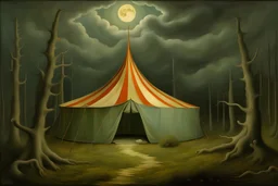 a surreal landscape with an abandoned circus tent hidden in a forest and dramatic storm clouds with a full moon by artist "Leonora Carrington",by artist "Agostino Arrivabene",by artist "David Inshaw"