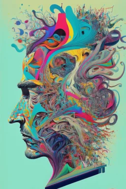 "Chaos Is Our Mental State"; Side Profile Of A Human Head Full Of A Chaotic Whirlwind Of Faces, Symbols, Words, And Products; Pop Art; Surrealism; Salvador Dali, Alex Pardee, Insanely Detailed; Intricate; Award-Winning; Bright Pastels