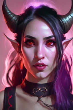 A portrait of a beautiful young female tiefling bard with deep red skin, fiery glowing eyes. A pair of symmetrical horns are protruding from her forehead. She has long black hair tied up in a ponytail and sidebangs.