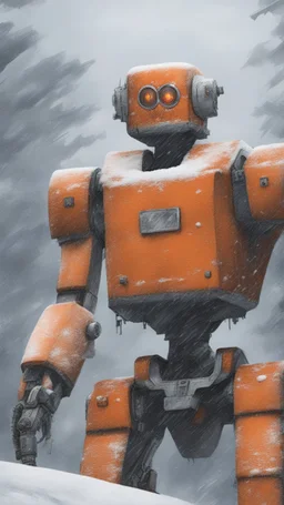 post apocalypse, close up shots, lov angles, a orange robot, snowy, foggy