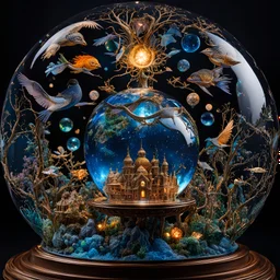 glass globe with intricate miniature Galapagos Epic cinematic brilliant stunning, by Su Blackwell, fantastical, intricate details, maximalism, dramatic, hyperdetailed, mega maximalist, Su Blackwell, holographic astral cosmic brilliant nighttime array by Pablo Amaringo