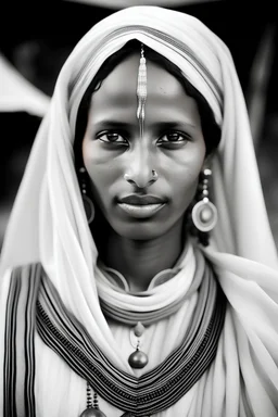 Sudanese woman who waring "Tob" the traditional clothes in sudan, her eyes are red but the rest of the picture is back and white