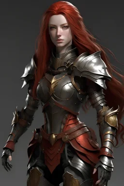 female with long red hair, wearing metal armor, whole body