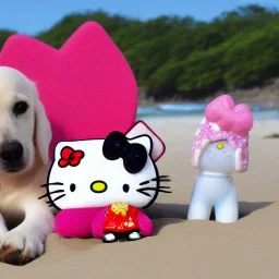 Hello kitty at the beach with goodbye puppy