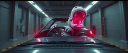 car driving happy 2d neon fluffy orc wheel test dummy hippo scumbag in the style of Escher and Giger and Fallout 4, pinhole cam, airbrush 3d rendering, on tv screen:A five-second cinematic single take in a clean industrial presentation hall.