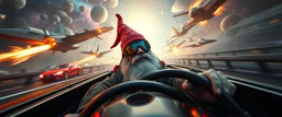 etheral astral weird perspective worried yoga legend race car racing against spaceships going sideways in ramp driver close up portrait of dj magic gnome farmer pilot looking down on cam, with background in the style of escher and giger, a chill contrapunctus fugue in the style of fsol, beethoven, goa trance breaks, dancefloor drum and bass, burning cars, fire storm lightening, and explosions