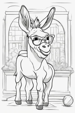 Outline art for cute coloring pages with donkey with glasses, full body, white background, sketch style, only use outline, clean line art, no shadows and clear and well outlined.