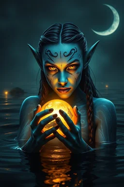 A mystical blue-skinned elf sorceress with glowing golden eyes emerges from a dark enchanted lake under a crescent moon, holding a radiant golden orb emitting magical energy, intricate tattoos and runes on her face, sharp elf ears, wet braided hair, cinematic lighting, ultra-realistic fantasy portrait, hyper-detailed, 8K, dark mystical atmosphere, fantasy art style by Weta Digital, Greg Rutkowski, and Artgerm.