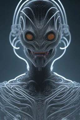 evil predator, alien, tron, head, bitcoin eyes, 8k, finely detailed, dark light, photo realistic, hr giger, cyberpunk