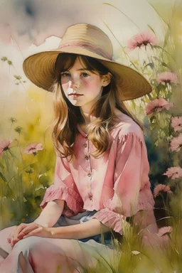 P: a young old-time cowgirl sitting in wildflowers and tall grasses, peaceful vision, wisps of hair around her face, straw hat, pink floral dress, muted colors, soft watercolor