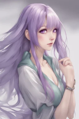 beautiful woman with green eyes and long purple hair anime realistic