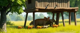 3d airbrush render,Show several tiny wildlife animals comfortably passing underneath the elevated structure, with birds perched on top and watching the commotion with curiosity. The environment is green countryside with trees and grass.