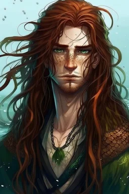 scaly wet pirate nereid male with freckles and seaweed in long auburn hair