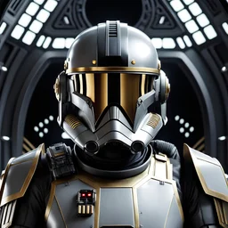 star wars bald male corellian pilot wearing gunmetal grey and black First Order special forces TIE pilot armored flightsuit and helmet with gold trim inside the jedi temple, centered head and shoulders portrait, hyperdetailed, dynamic lighting, hyperdetailed background, 8k resolution, volumetric lighting, light skin, fully symmetric details