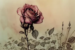 beautiful intricate rose field, soft delicate watercolor, dramatic, perfect composition, by Arthur Rackham highly detailed intricate very attractive beautiful fantastic view watercolor Arthur Rackham Jean-Baptiste Monge Egon Schiele muted tones professional Enki Bilal patchwork watercolor and ink Xuan Loc Xuan