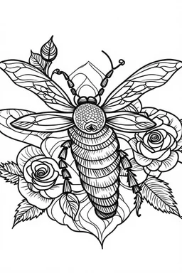 bee with rose idea, line art, background, vector, svg, black outline on white background, leave plenty of white space beetween lines for coloring, tattoo style, tattoo idea,full body, minimalist