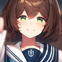 Clear focus,High resolution, brown short fluffy hair, long fluffy bangs, and green eyes, Depressed girl, wearing a sailor uniform, Smug smile, half closed eyes, smile, Extreme close up,