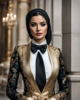 A length image ,professionals photography cinematography, stand action pose an beautiful young girl super model iranian wearing islamic hijab as spy detective with shoulder length wearing luxury jewelrys and lipstick. She is wearing a islamic fashion luxury tuxedo with a black bowtie. Her jacket is black decorations golden art and it is not buttoned. Her jacket has a corsage. She is on selfi photoshoot with a iPhones seluler. She is smiling. Her cufflinks are black.stand pose in futuristic luxur