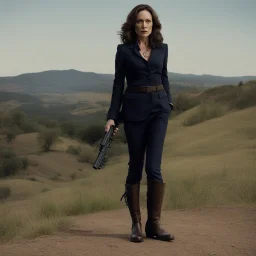 Lola Glaudini as Ellie Greenaway has a gun; criminal minds, she looks for evidences in agent provocateur, standing in boots on the hill