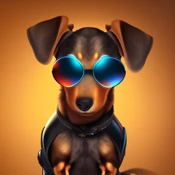 cute male daschund with the body of a human, wearing a leather jacket and sunglasses, pixar style, dramatic, dramatic lighting, volumetric lighting, hyperrealism, 8k, high quality, photorealistic, lot of details