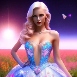 Full body Princess, sexy woman blondie, make up, beautiful smiling face,blue eyes, beautiful place,amazing, flowers, colors, blue and pink butterfly, realistic, photo real, stars night, detailed, high contrast, 8k high definition, unreal engine 5, extremely sharp detail, light effect, light background