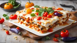 Lasagna with feta cheese, colorful peppers, eggplants and cherry tomatoes..