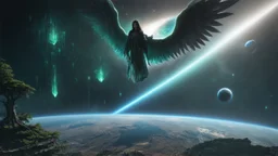 matrix universe, space, planets, god creation, angels from other dimensions with beautiful wings, trees on the planet, behind green crystals of light, few tiberium monolith deposits on the planet near tree,