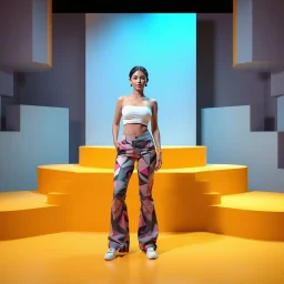 picture of lady with a top and cifi pants stye design posing in a 3d recursive structures stage