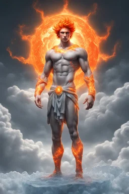 full body picture of a slim muscular god with galaxy's in his eyes, glowing orange hair that looks like it's made of the sun, a light gray body made of clouds with glowing cracks of orange within it in cloud patterns, he wears greek god like clothing that looks as if it's made of ice and water. realistic 4k