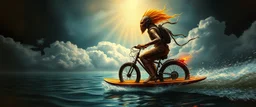 master oil painting by Rembrandt, viggo sandvik as insane eel wild ginger robot on surfboard boat trike , goa trance glitch poster, background motion blur, volume fog with light rays, jesus clouds