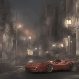 ferrari 488 under a street lamp in the middle of the night