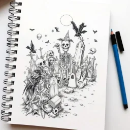 color pencil hand doodle sketch on a spiral binded notebook page, chaotic macabre cemetery scene with wacky skeletons and crows in the style of H.R. Giger and Os Gemeos, maximalism