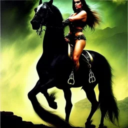 portrait oil on canvas, beautiful punk busty female Savage Barbarian Warrior, riding a Black Horse,green eyes, ,minimal armor,comic book cover, mystical colors,insanely detailed,realistic,intrincate detail, 16k resolution, masterpiece,Frank Frazetta,Alex Horley, Simon Bisley