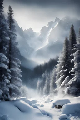 Cold winter forrest and mountains
