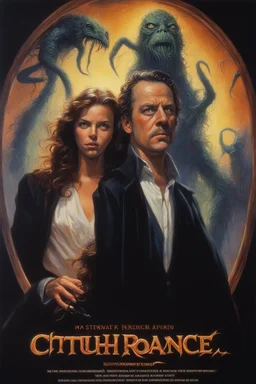 Dramatic matte oil painting, movie poster for "MY CTHUHLU ROMANCE", modern Movie Poster style of Drew Struzan, Eldritch Rom-com, masterpiece of art portrait, techniques used: sfumato, sinister romance, Gallows humor, complex contrast, dynamic composition