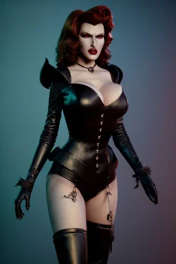 Rita Hayworth as evil queen in black leather, leather, busty, cleavage, angry, stern look. character design by cory loftis, fenghua zhong, ryohei hase, ismail inceoglu and ruan jia. unreal engine 5, artistic lighting, highly detailed, photorealistic, fantasy