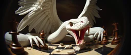 fish eye lense, pin hole cam, master oil painting by Rembrandt, realistic rendering one eyed chess blinding white snake angel harpy, wild gnawing on pieces